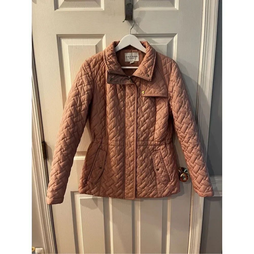 Cole Haan Blush Pink Zip & Snap Quilted Fitted Puffer Jacket sz M EUC